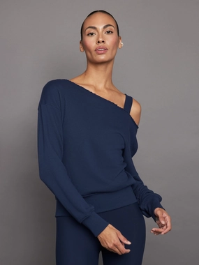 Off Shoulder Sweatshirt in French Terry - Navy Blazer Midweight Fabric Odor Resistant Treatment