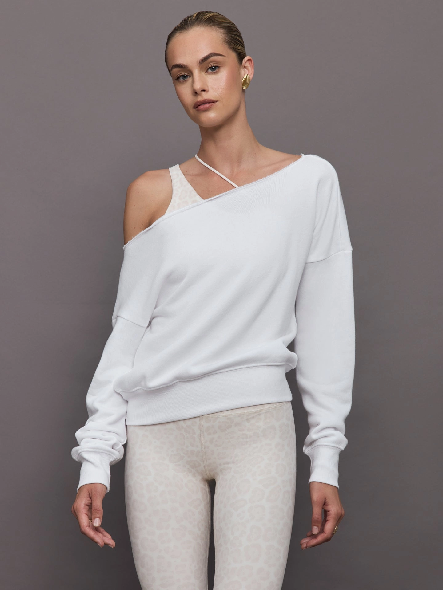 Crew Neckline Off Shoulder Sweatshirt in French Terry - White