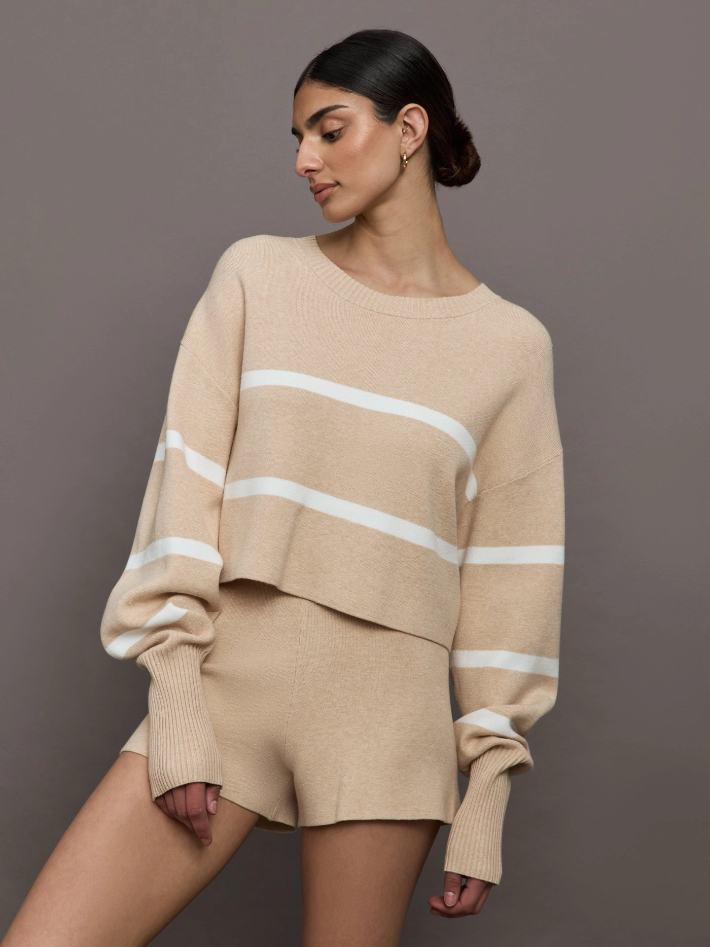 Olly Cropped Striped Sweater - Beige Melange Hygroscopic Fiber Zipper Free Design