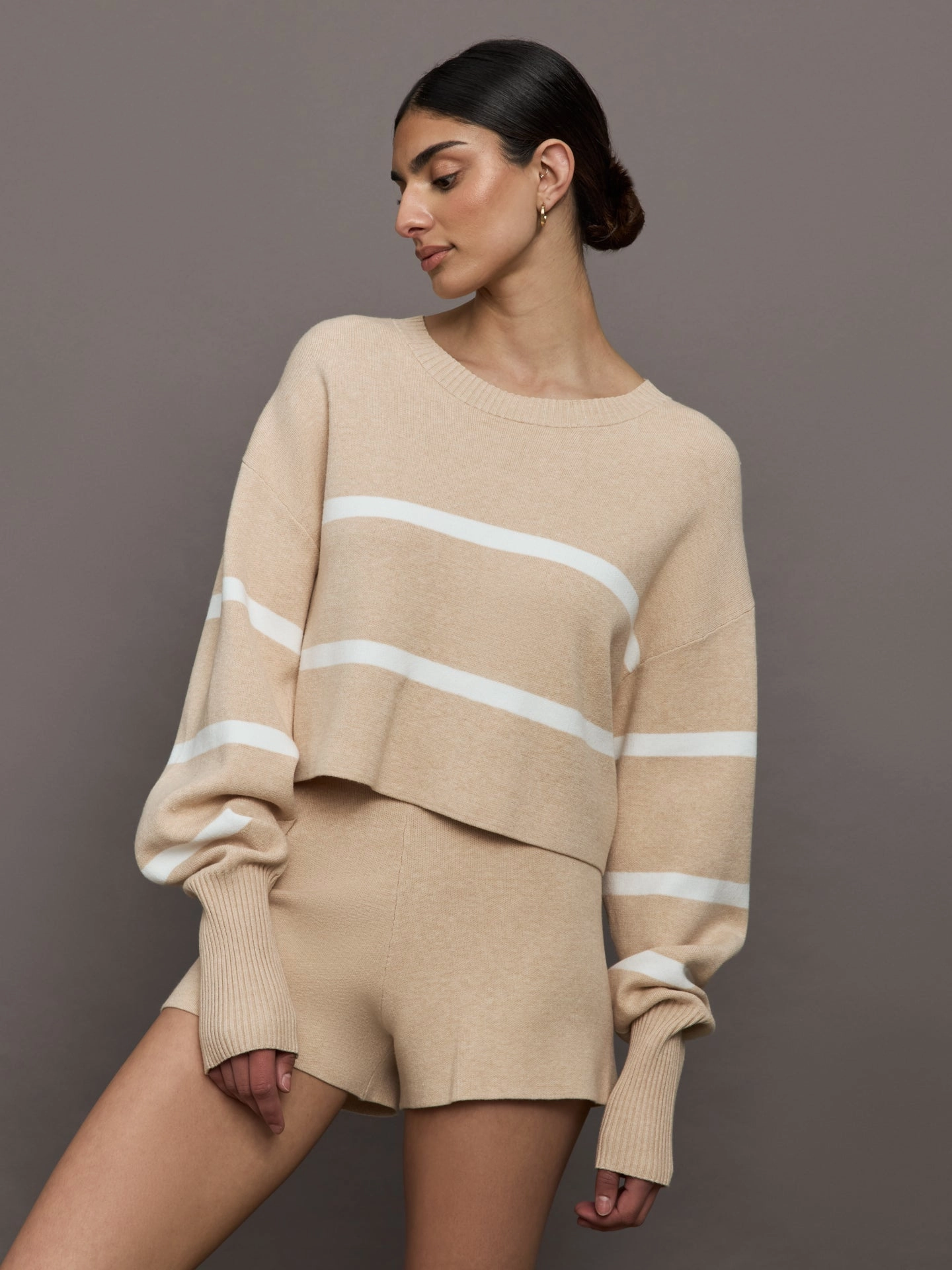 Flatlock Seams Tear Resistant Fabric Olly Cropped Striped Sweater - Beige Melange