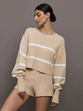 Olly Cropped Striped Sweater - Beige Melange Eco Friendly Dye