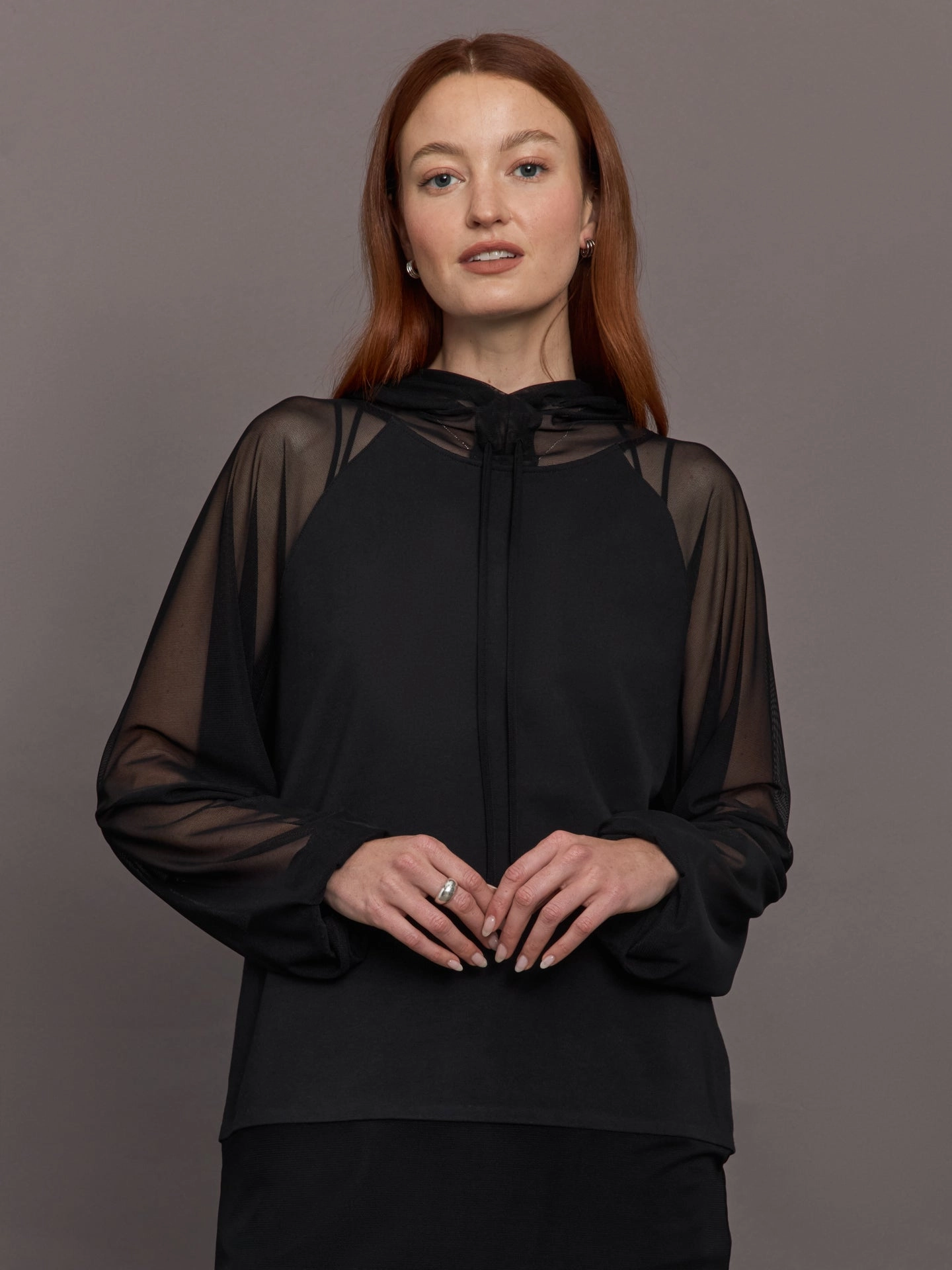 Jersey Fabric Skin Friendly Fabric Oversized Raglan Sleeve Hooded Top W Mesh - Black