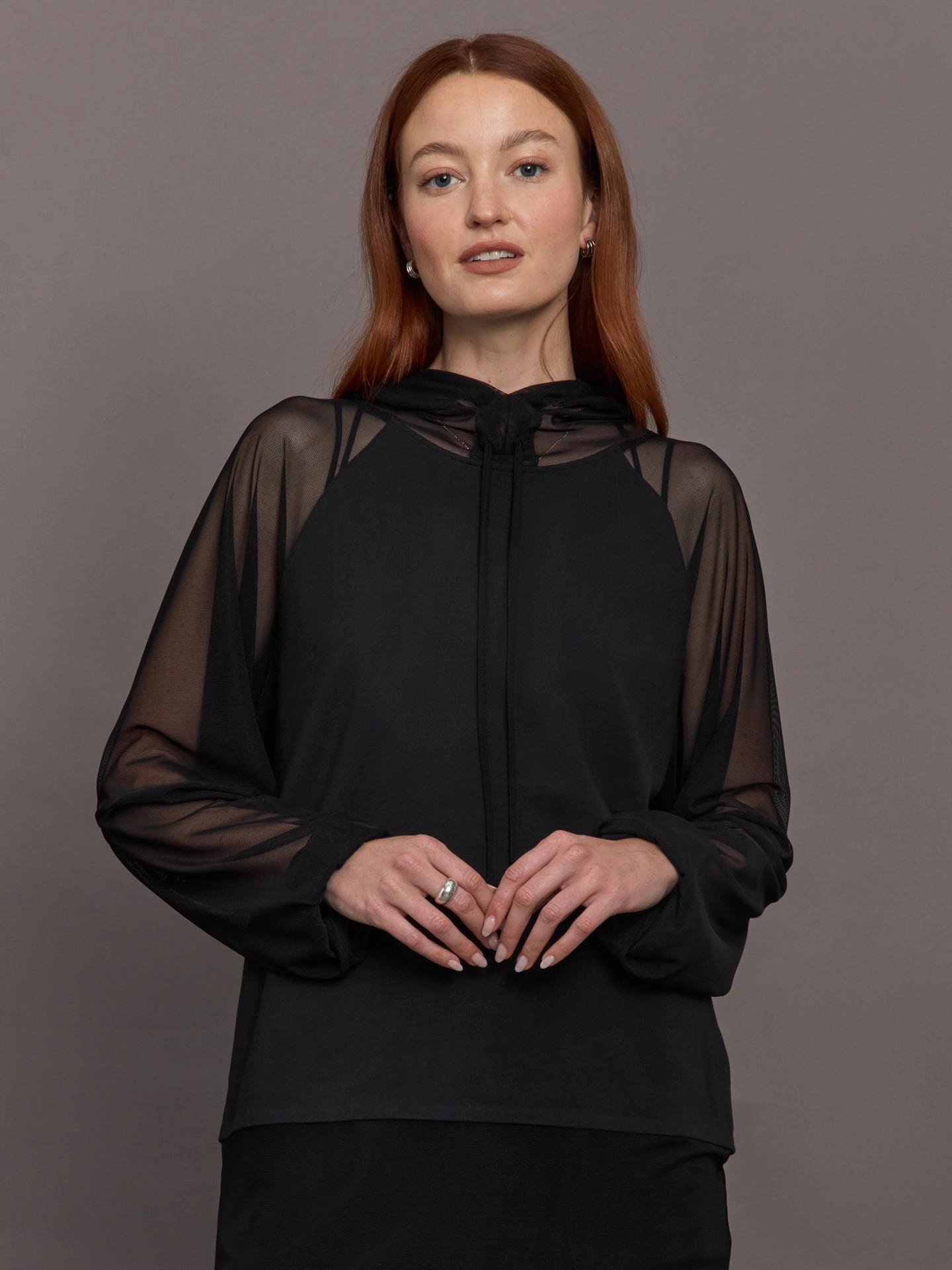 Oversized Raglan Sleeve Hooded Top W Mesh - Black Reinforced Hems Multi Pocket Design
