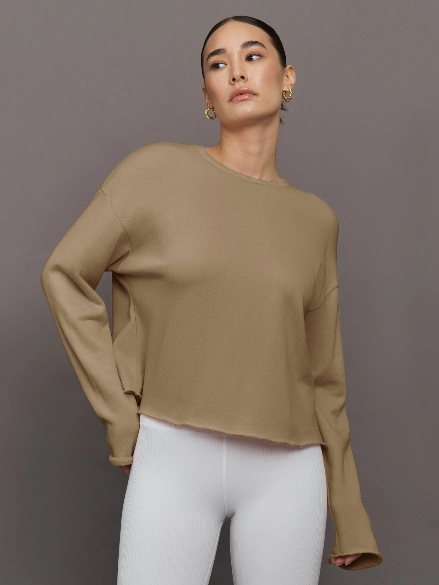 UltraSoft Brushed Interior elastic waistband Crew Neck Sweatshirt in French Terry - Chinchilla