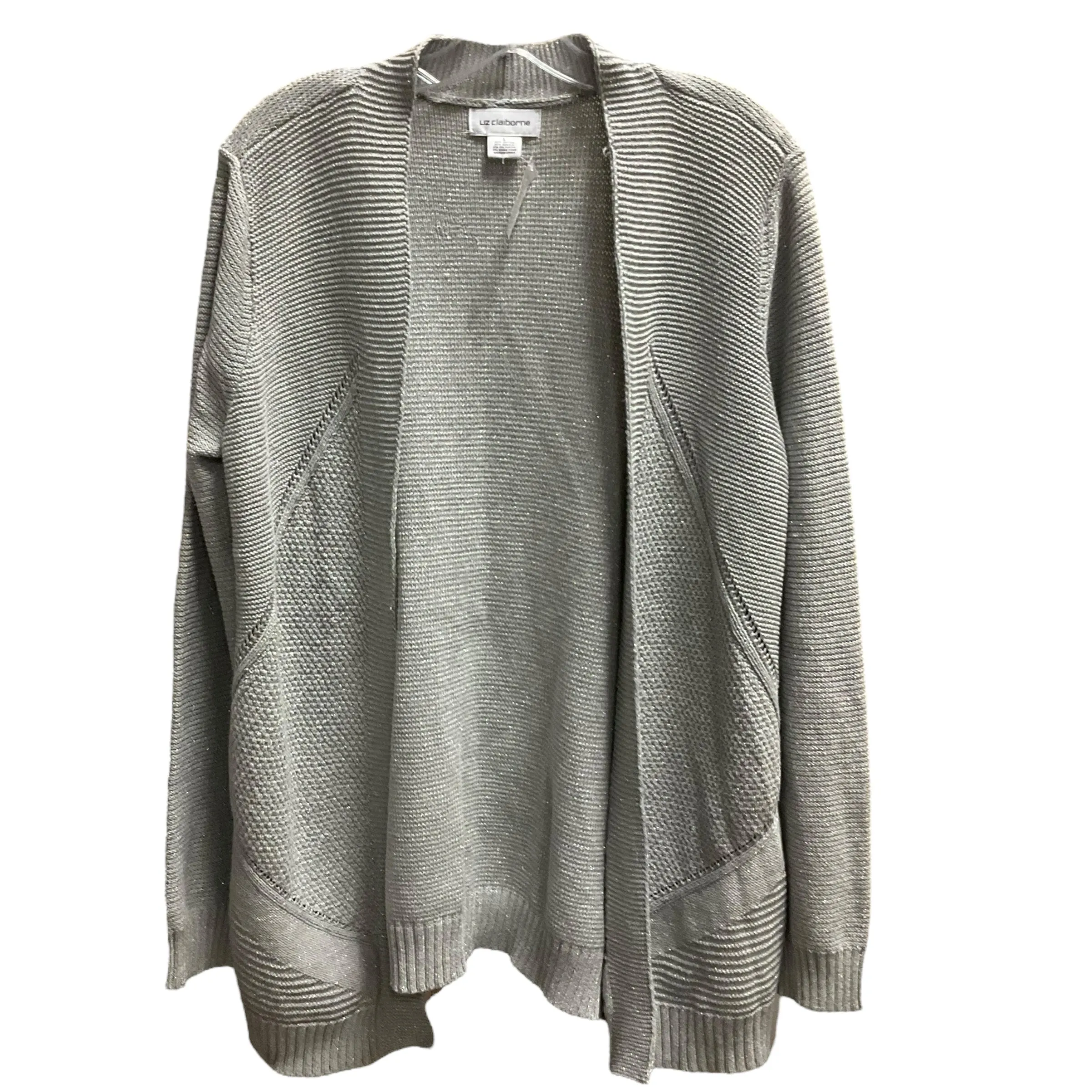 Stretchable Knit Double Layered Hem Cardigan By Liz Claiborne In Grey, Size: L