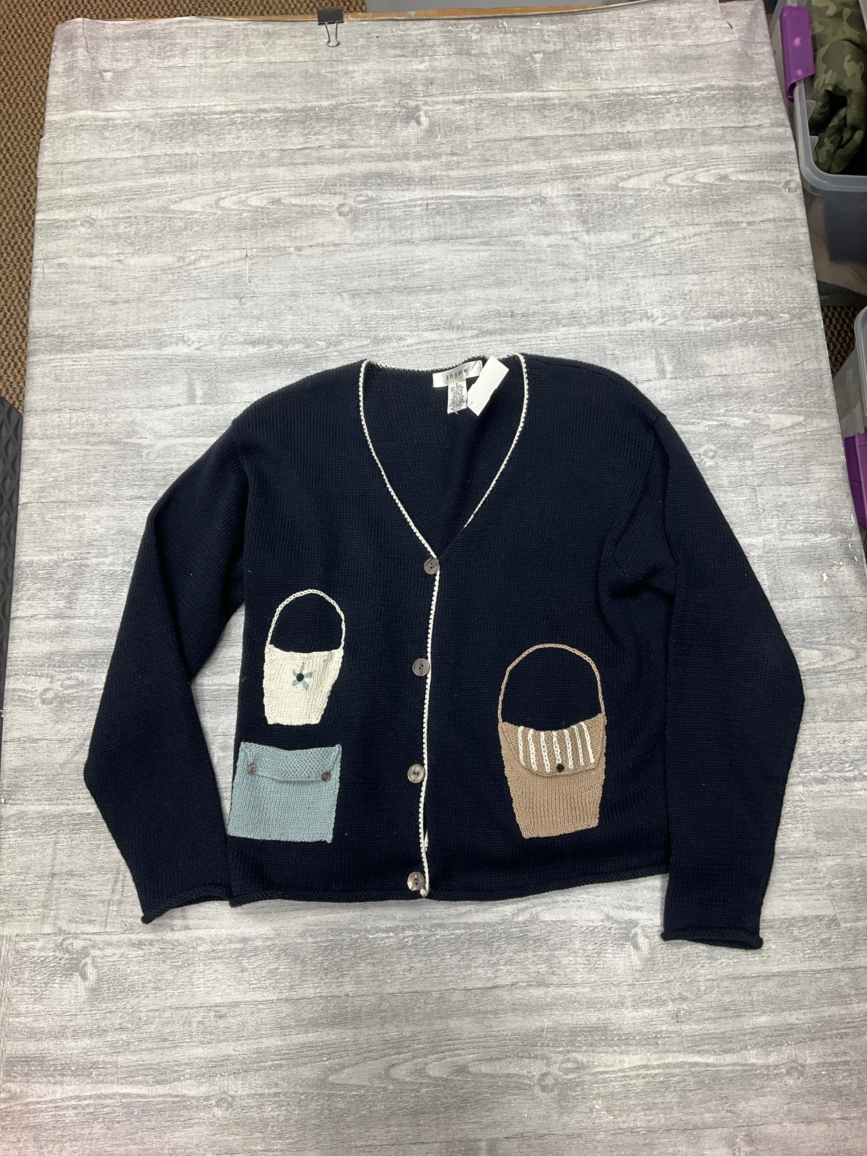 Pocket Reinforcement FourWayStretchFabric Sweater Cardigan By Thyme In Navy, Size: S