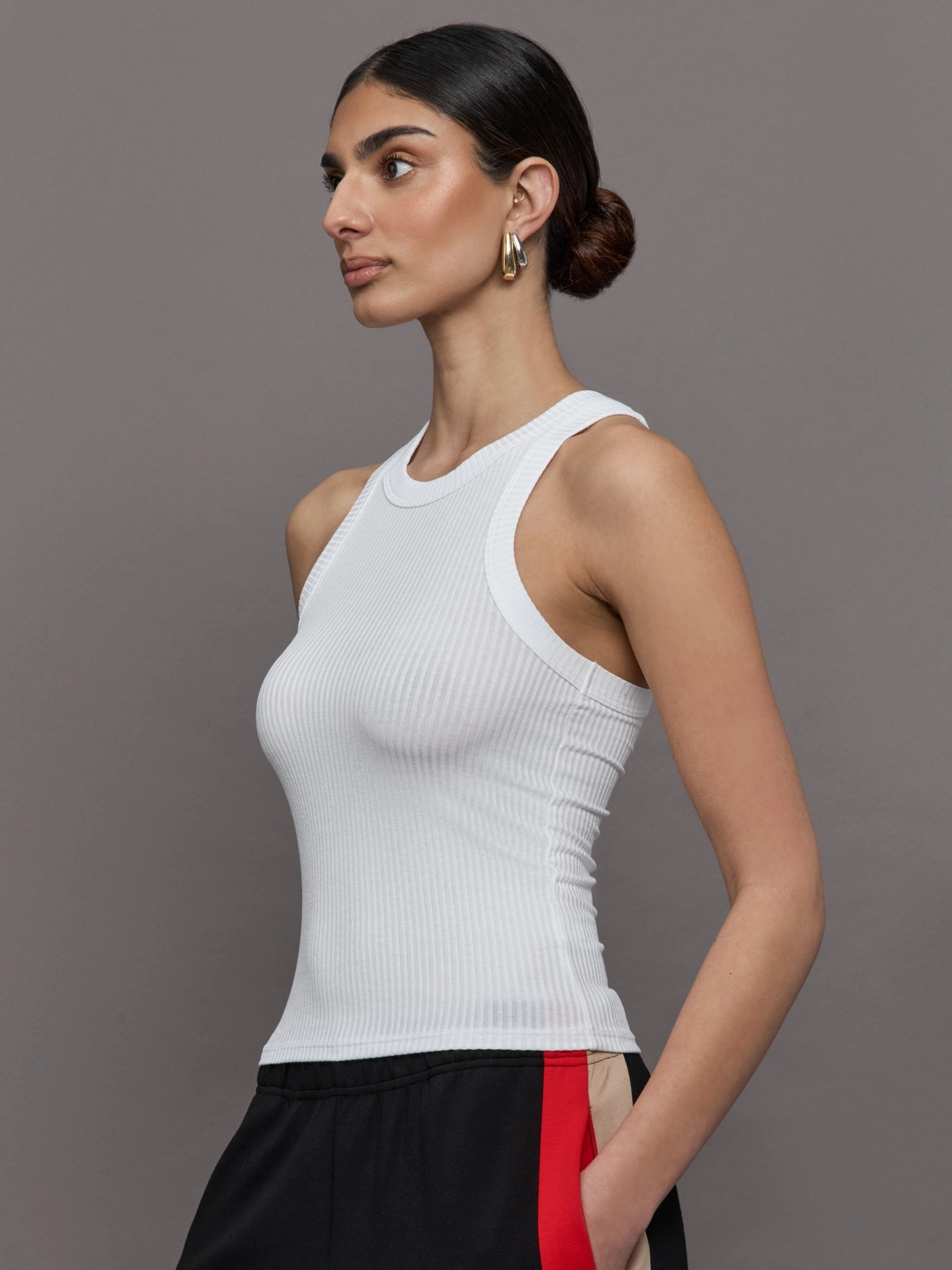 High Neck Fitted Tank in Ribbed Jersey - White MultiPurpose Loungewear Layered Neckline