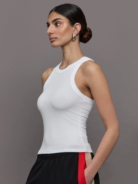 High Neck Fitted Tank in Ribbed Jersey - White QuickDry Lining