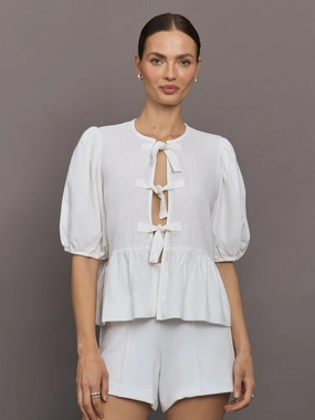 HighWaisted Design Linen Tie Puff Sleeve Top - White