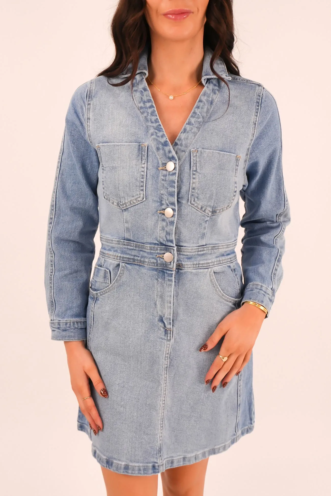 Rylie Dress Mixed Denim Beaded-Sleeve