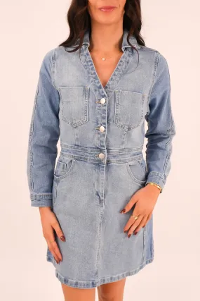 Rylie Dress Mixed Denim Beaded-Sleeve