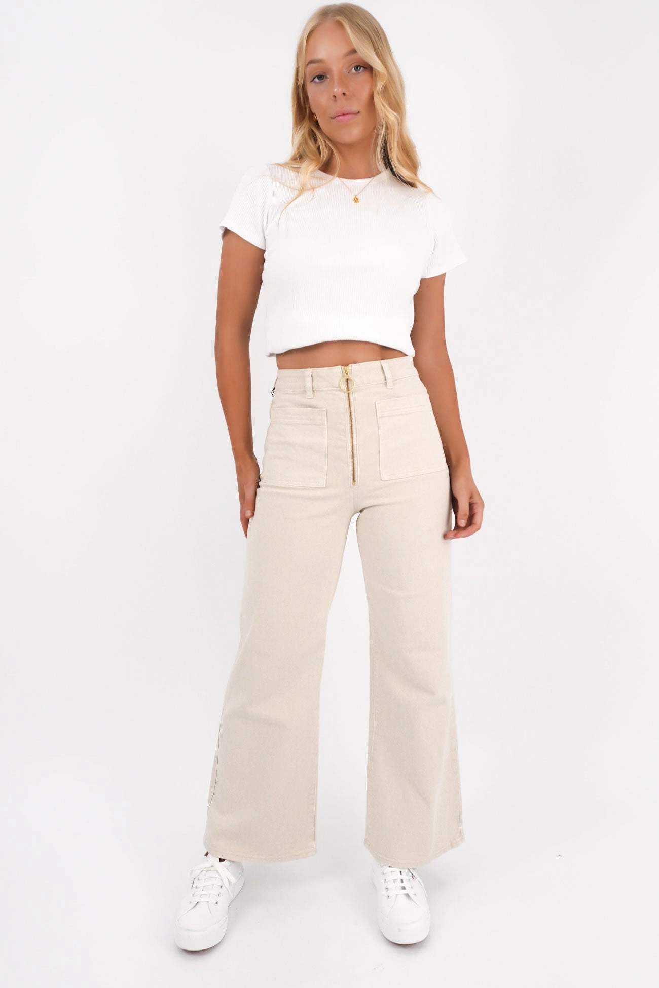 Travel Outfit Student Outfit Lightweight Sailor Zip Jean Off White