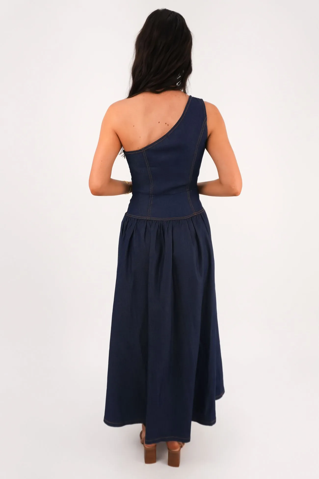 Shimmer-Finish Mario Denim Midi Dress Dark Blue