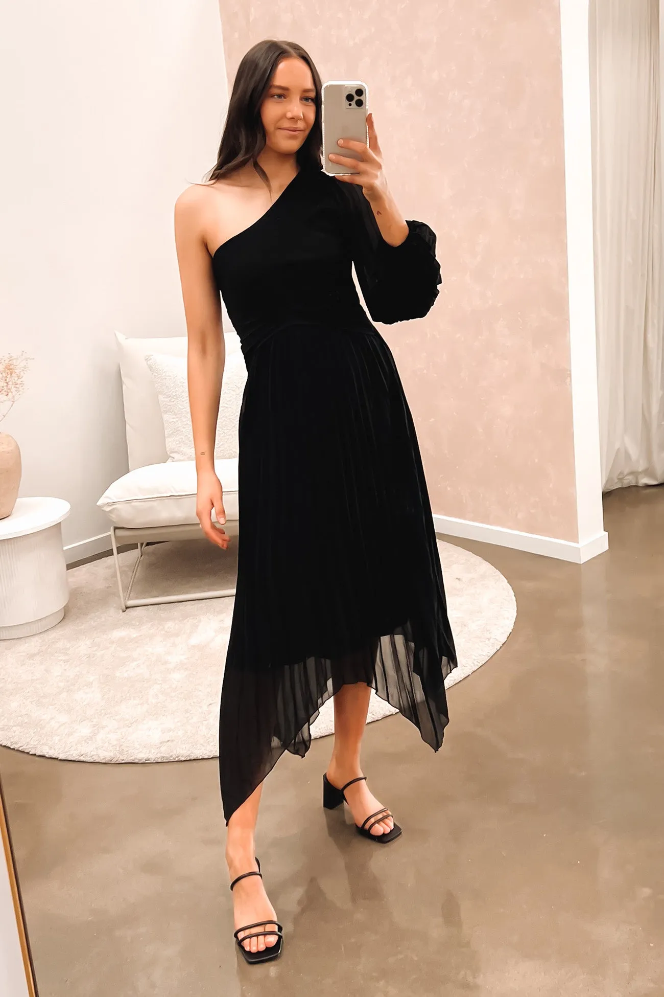 Skyla Midi Dress Black Ruched-Detail Mood Flex