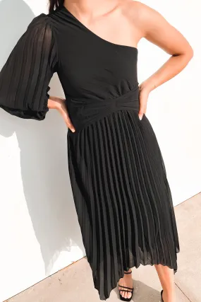 Skyla Midi Dress Black Side Pleats Comfortable and Chic