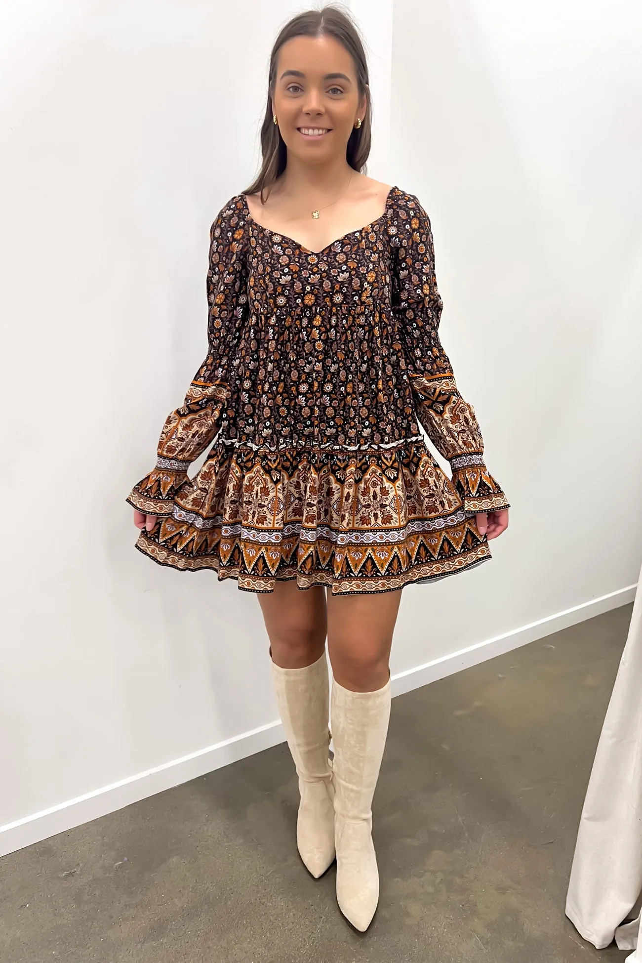 Luna Floral Mini Dress Print Soft Neutral Simple Ease