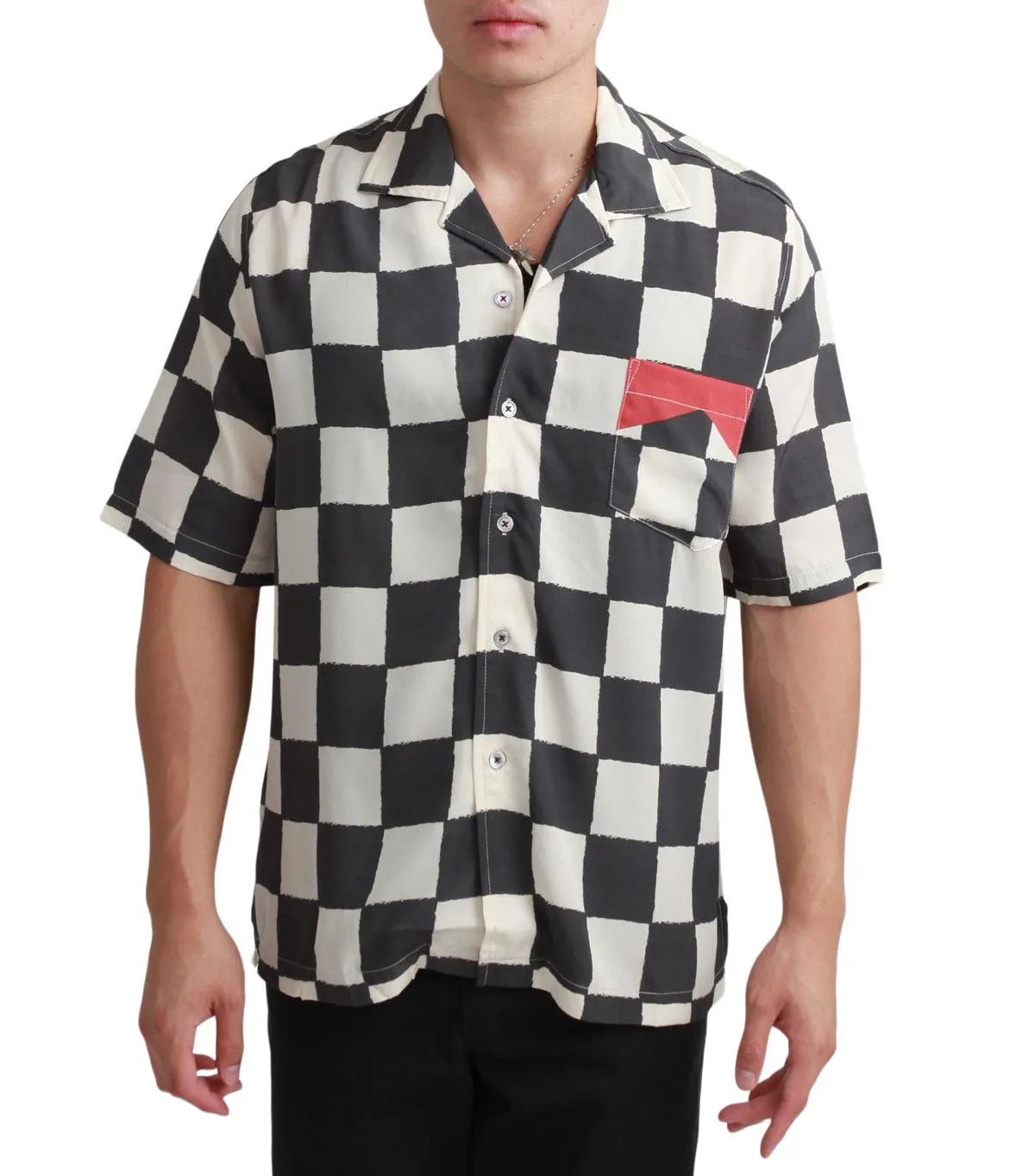 Rhude Silk Printed Broken Checker Shirt Ivory Black Vented Panels Night Charm