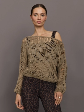 Crochet Off Shoulder Sweater - Chinchilla Drop Shoulder Cut