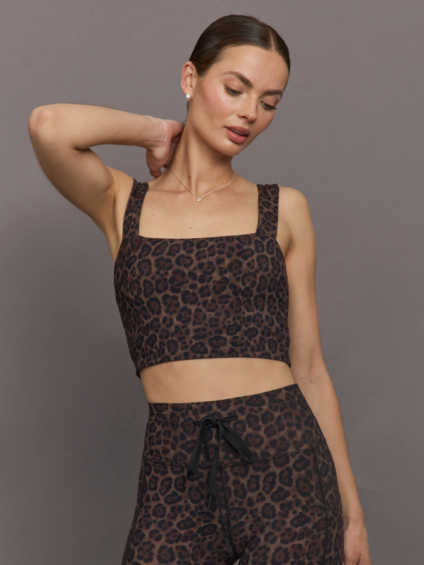 Textured Ribbed Collar Durable Blends Square Neck Bra Top in Melt - Leopard Print
