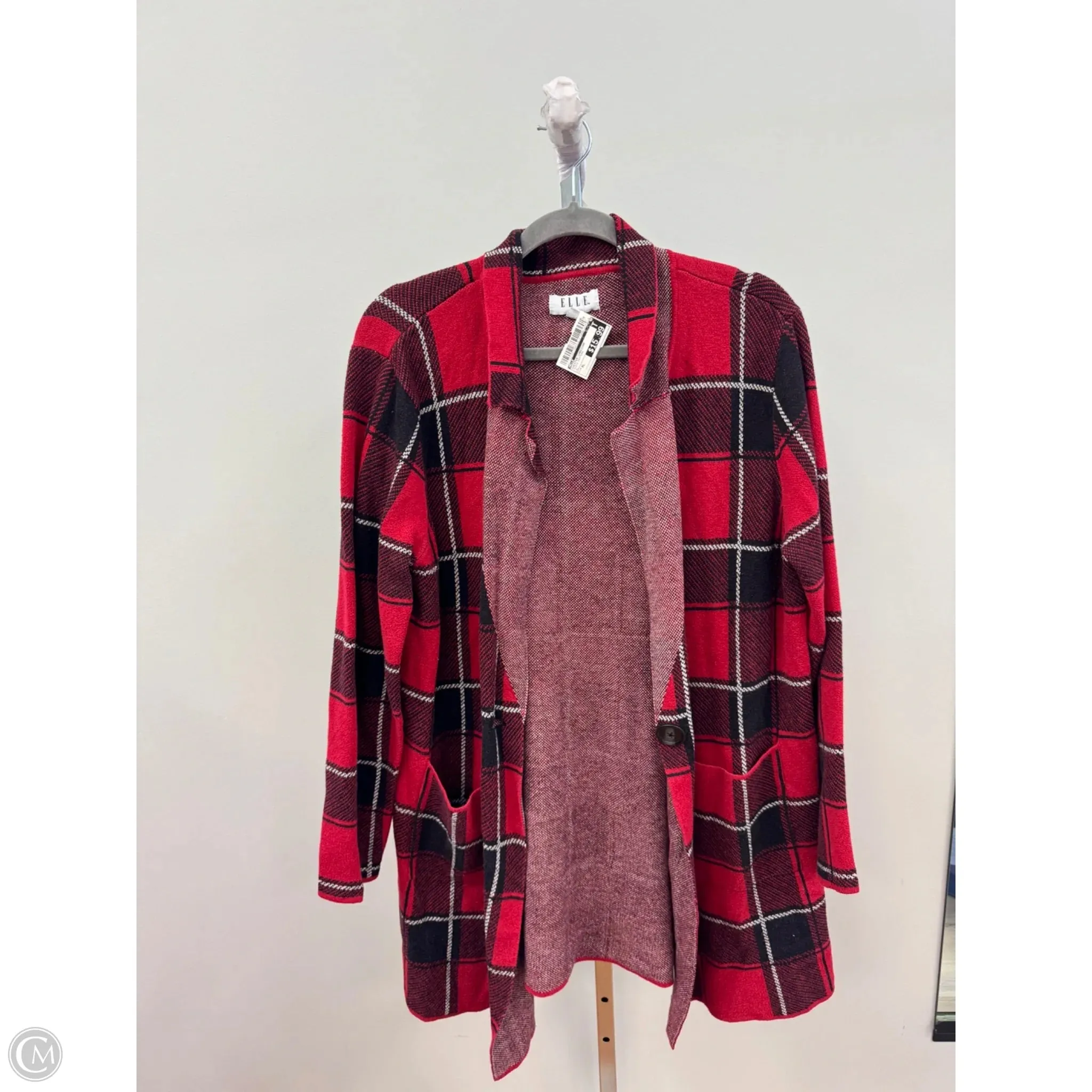 Sweater Cardigan By Elle In Plaid Pattern, Size: Xl Garment Washed CrossGrain Fabric
