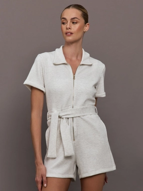 Skin Temperature Control Adjustable Drawcord Short Romper in Interlock - Moonbeam Heather