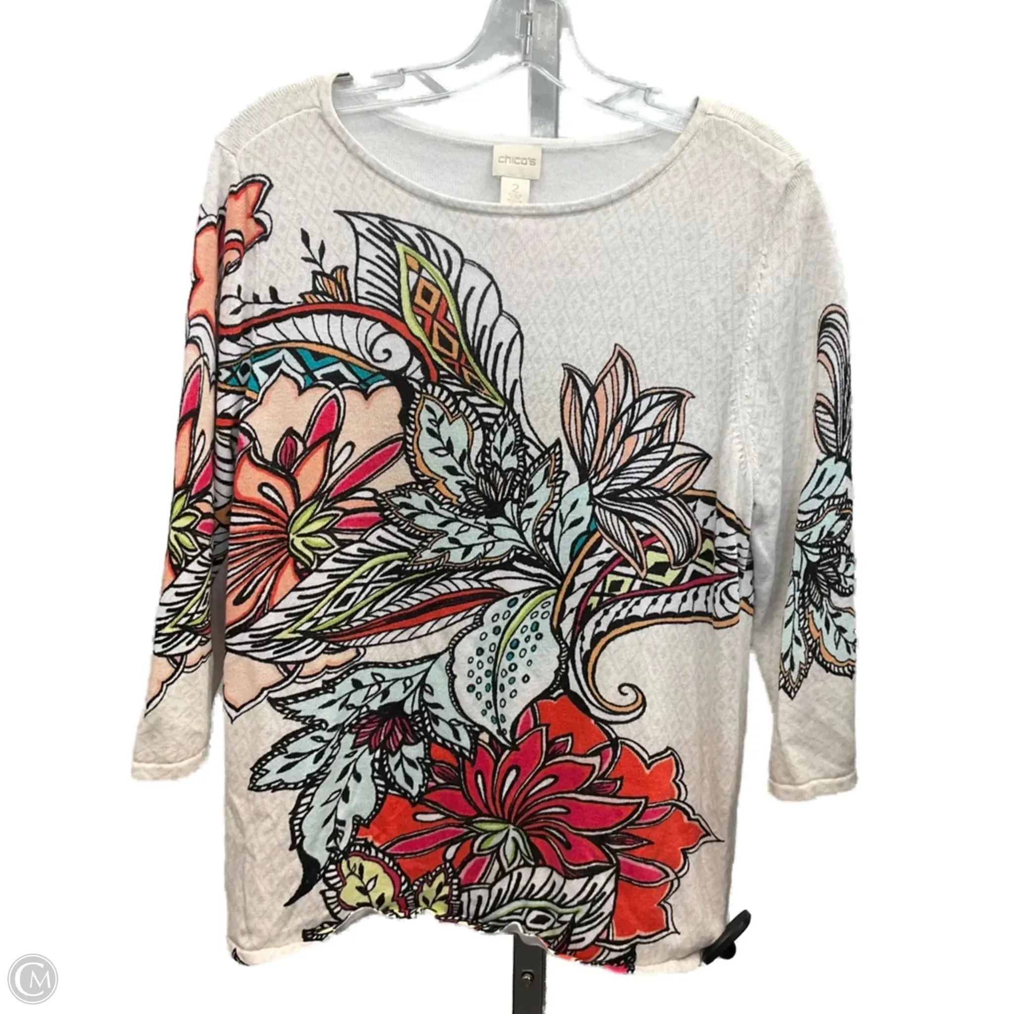 Top 3/4 Sleeve By Chicos In Multi-colored, Size: L Stretchable Neckline Wide Shoulder Cut
