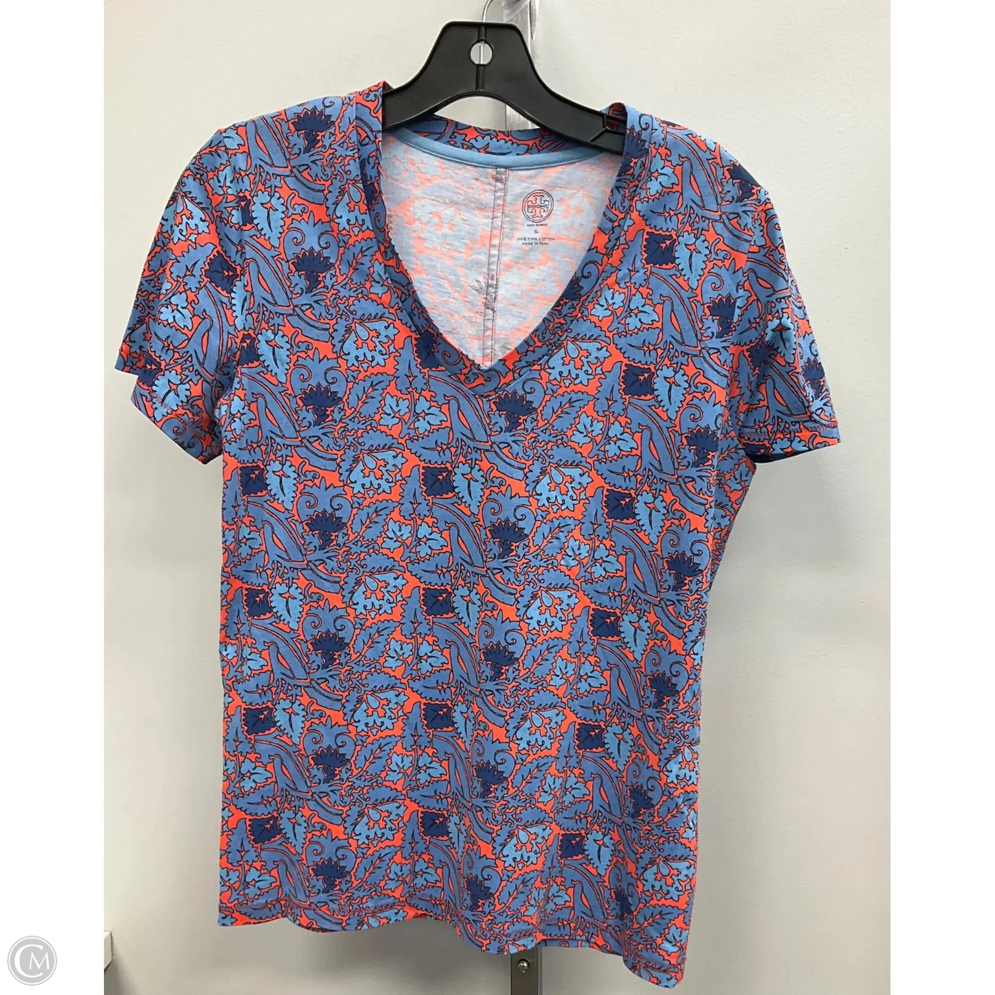 Sky Cool Top Short Sleeve Designer By Tory Burch In Blue & Orange, Size: S