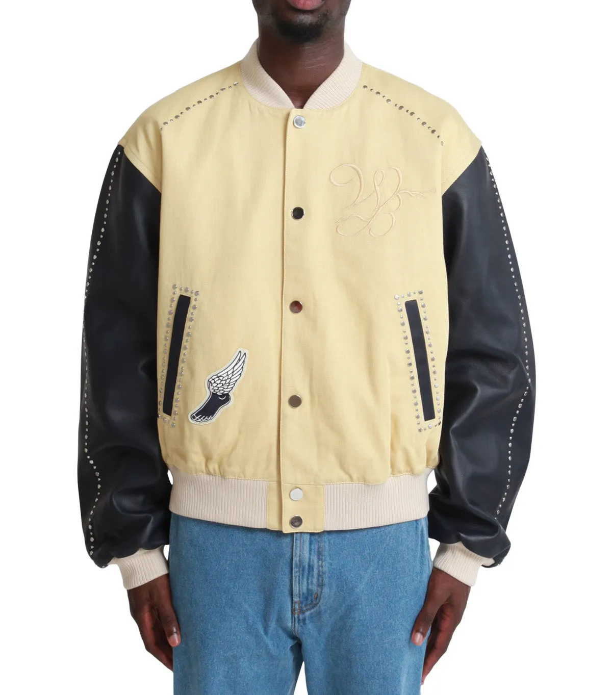 Neat Edge Morning Ease Wales Bonner Sky Varsity Jacket Tan Navy