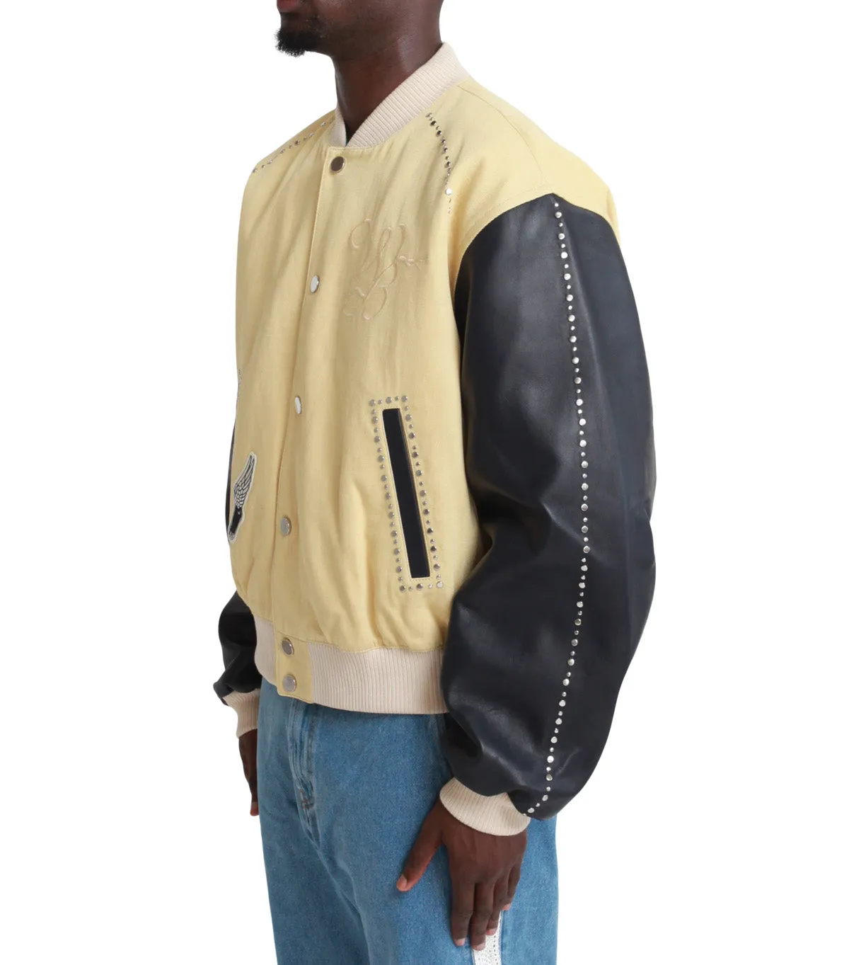 Wales Bonner Sky Varsity Jacket Tan Navy Recycled Polyester Blend MoistureWicking Technology
